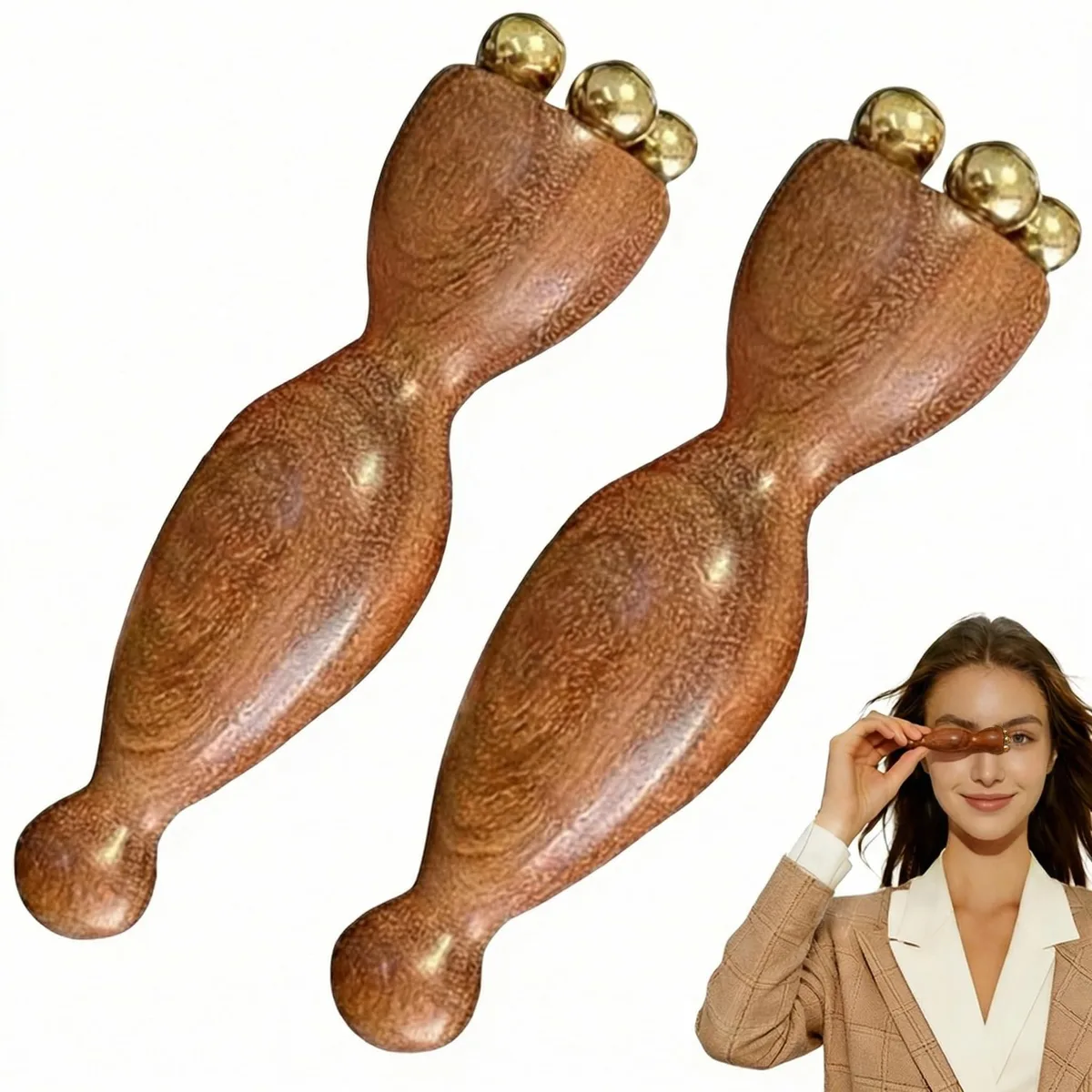 Two brown sandalwood eye massagers with copper beads, smooth curved finish