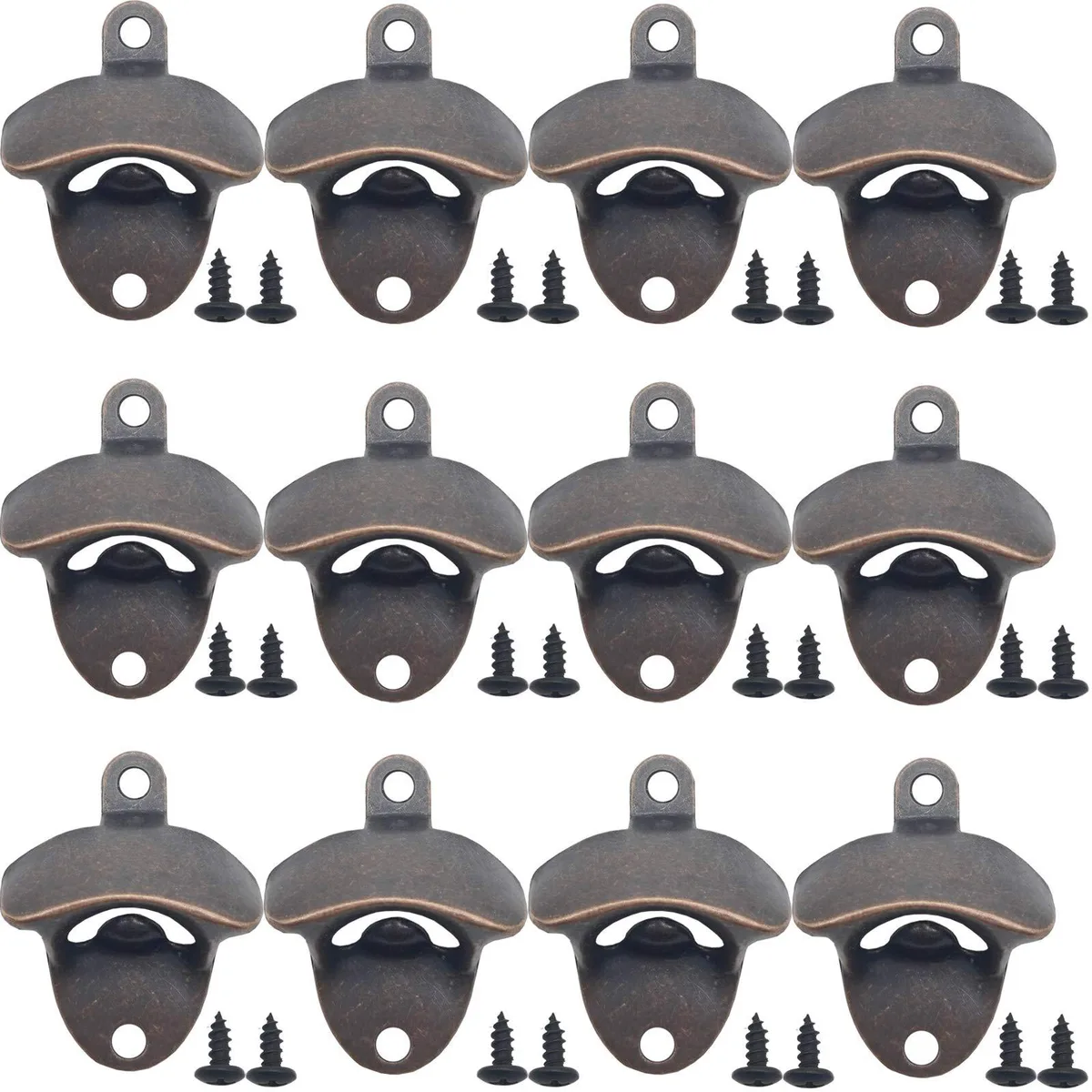 Twelve vintage-style stainless steel bottle openers with mounting screws