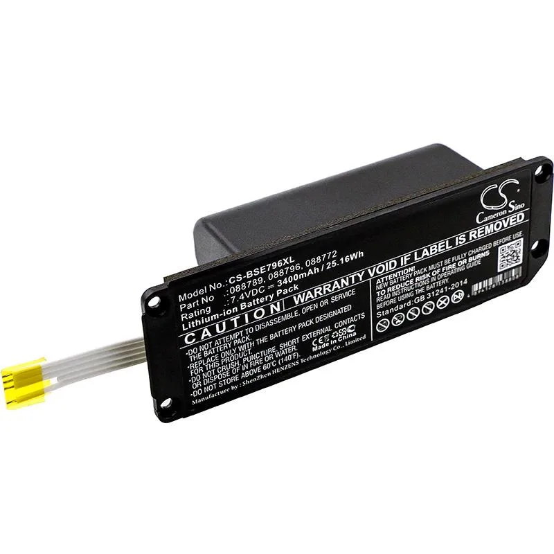 Rectangular black battery pack with label showing 3400mAh 25.16Wh