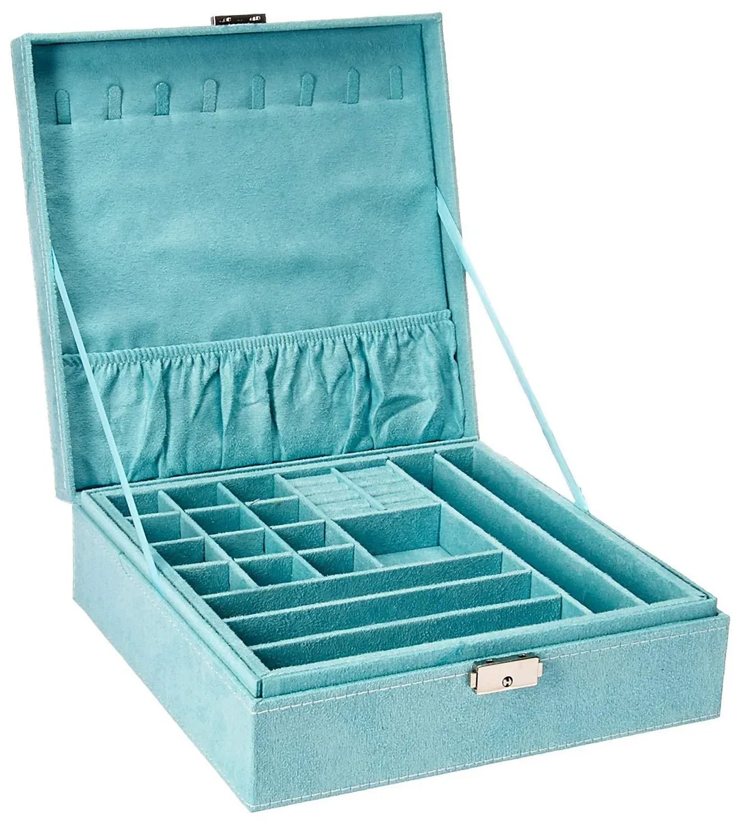 Blue square two-layer jewelry box with soft lint finish and 27 compartments