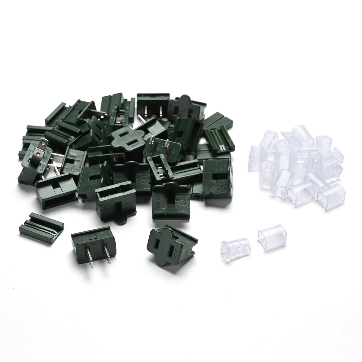 Thirty small plastic plugs and caps in a set of ten each