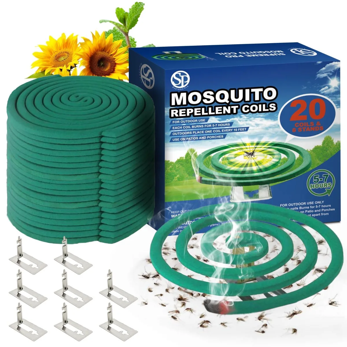 Twenty coiled incense sticks and eight metal stands on a flat surface