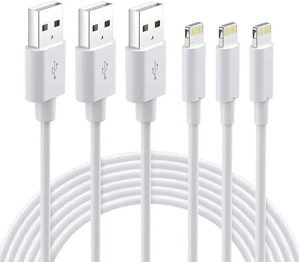 Three white Lightning to USB-A cables coiled together