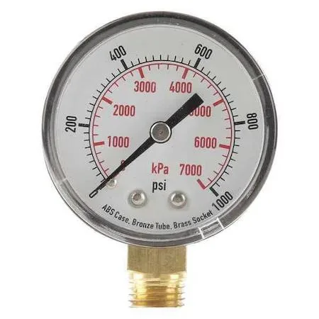 Black ABS plastic commercial pressure gauge with white dial and bottom NPT connection