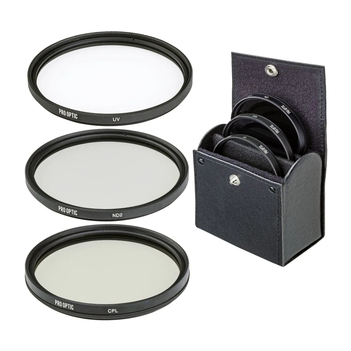 ProOPTIC 55mm filter kit with UV polarizer and ND filters in metal frames