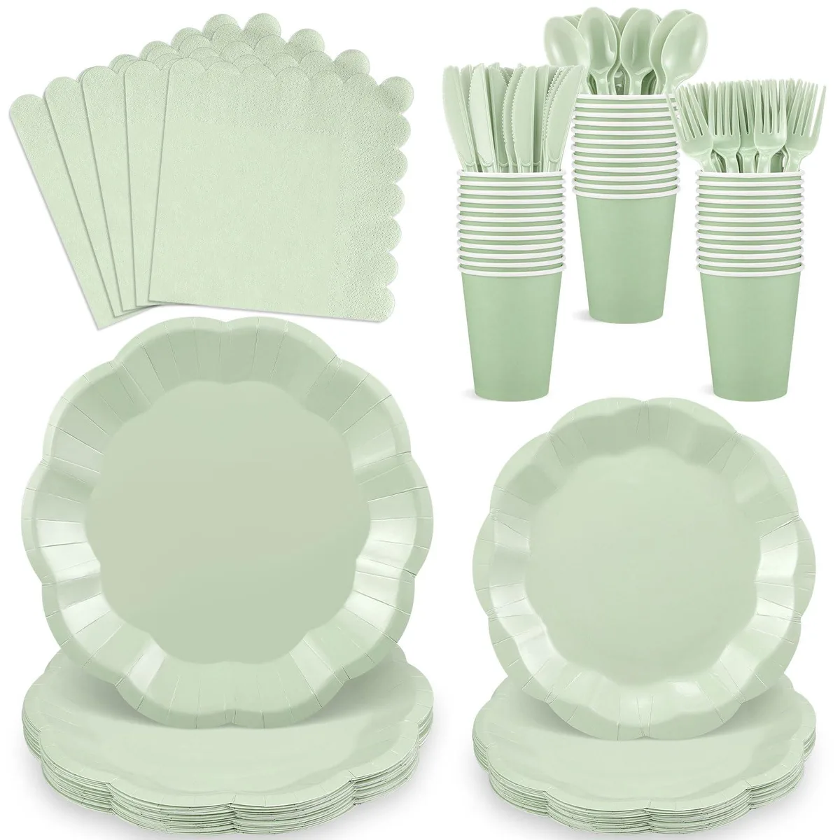 175-piece sage green scalloped paper plate set with cups and cutlery