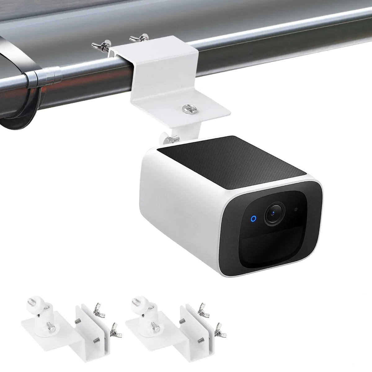Two white plastic gutter mounts with adjustable ball joints and butterfly screws