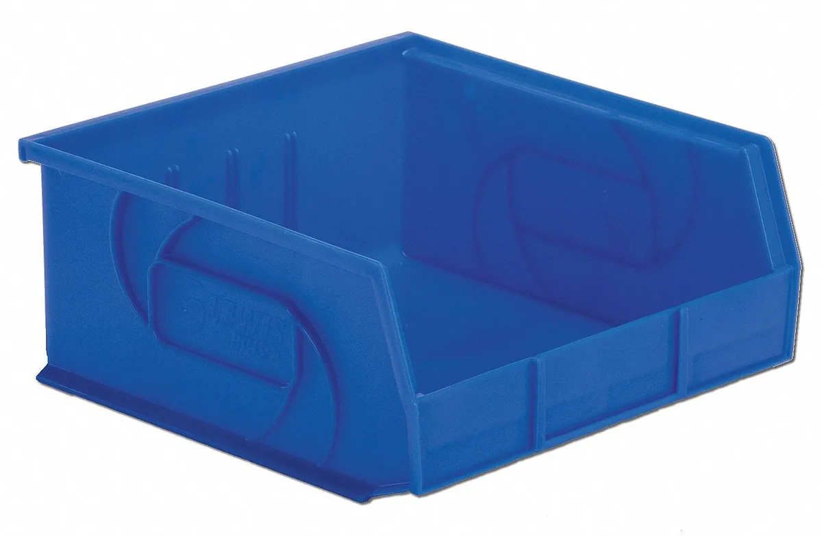 Blue plastic storage bin, rectangular, 11 inches wide, 5 inches high