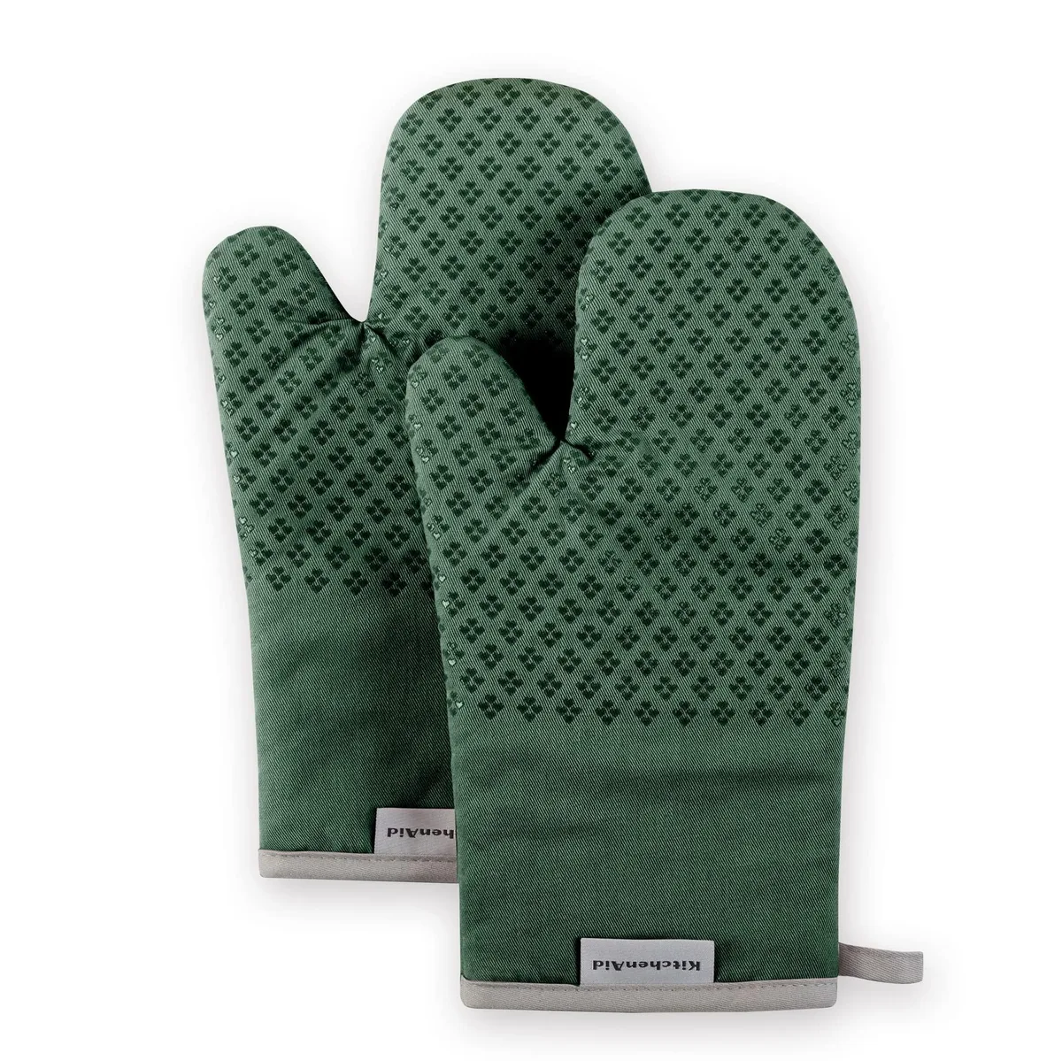 Two dark green cotton oven mitts with heart-shaped silicone grips, 7 by 12.5 inches
