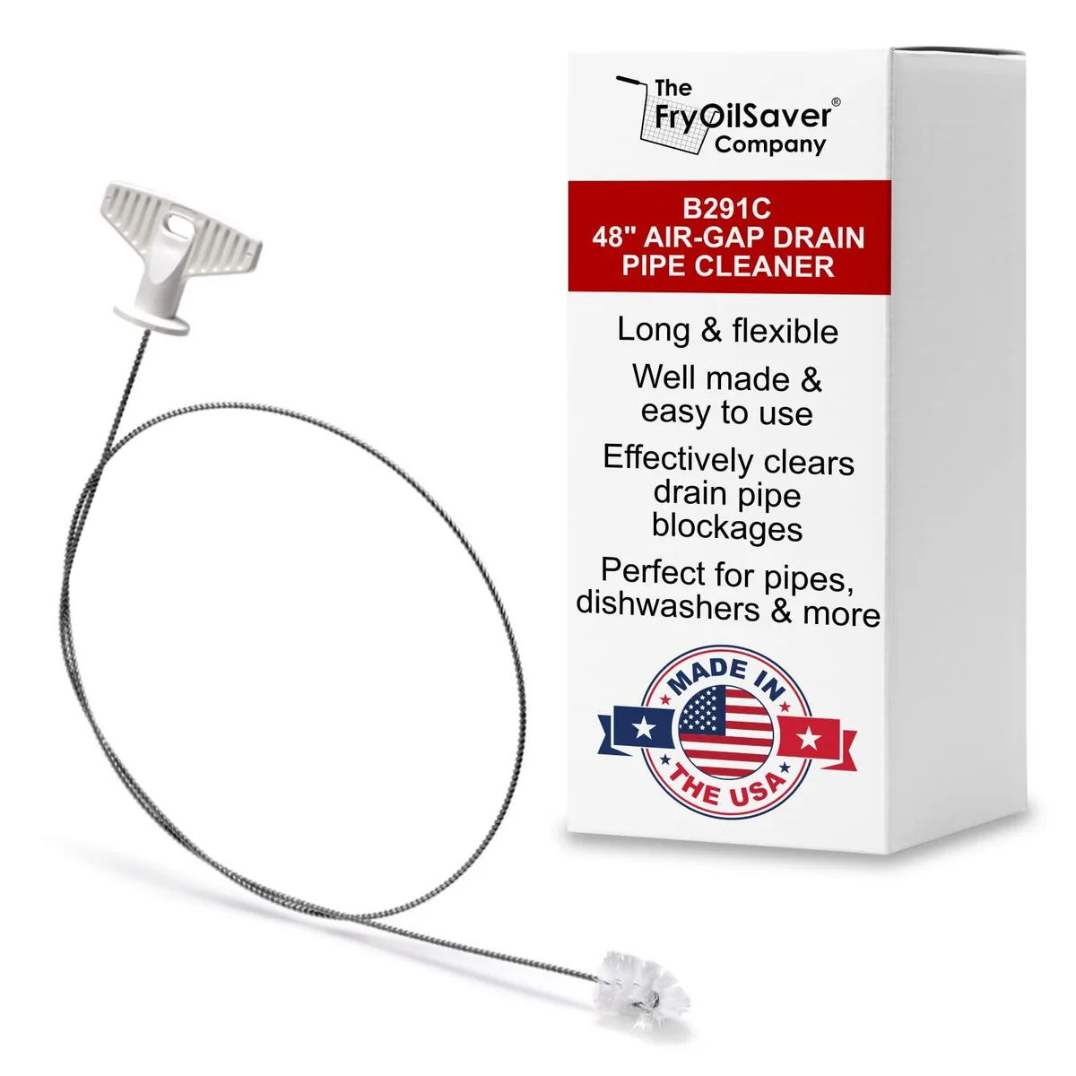 White flexible 48 inch drain brush with slim bristled head