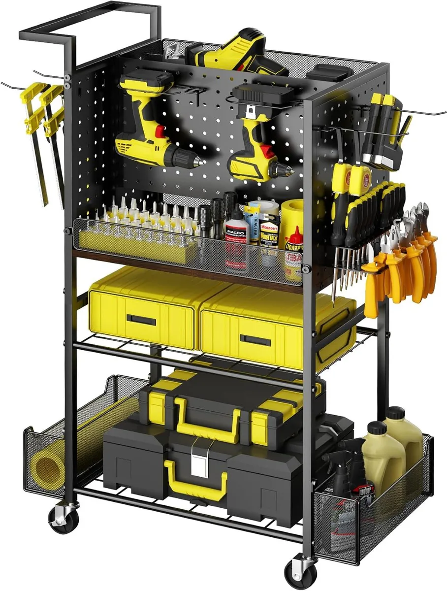 Three-tier rolling tool cart with pegboard, side baskets, wood shelves and metal frame on four casters