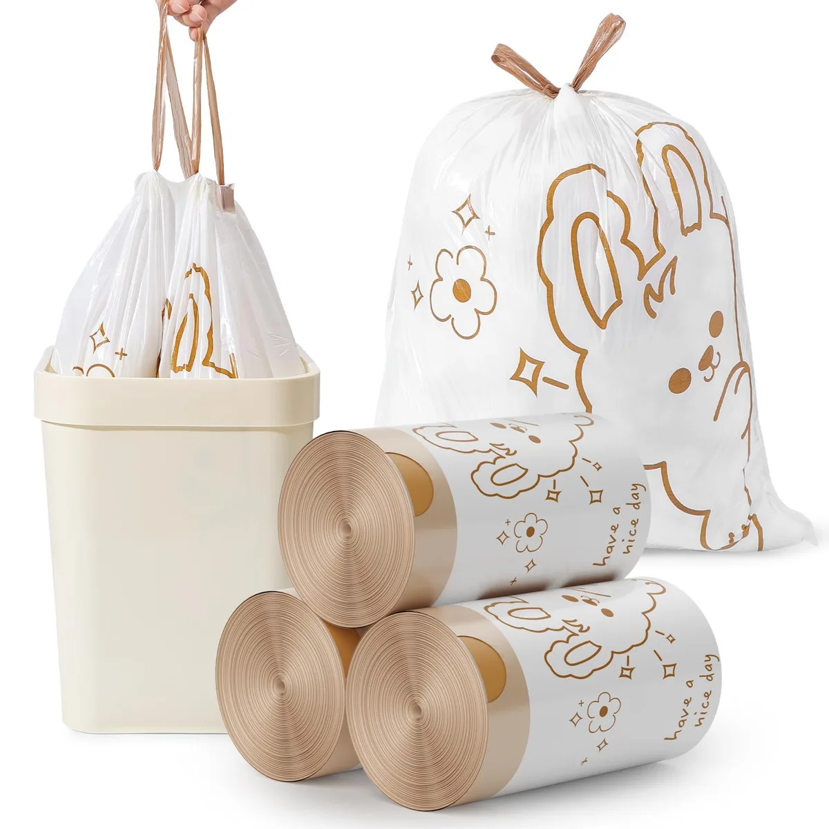 White drawstring trash bags with rabbit print, 90-count pack