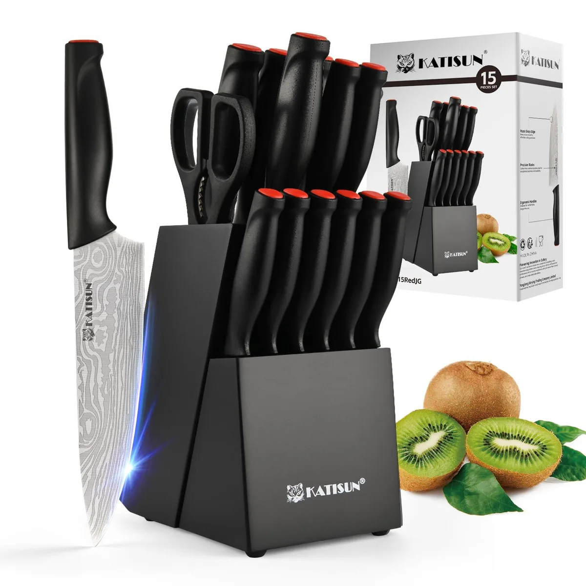 15-piece knife set in wooden block with red-trimmed black handles