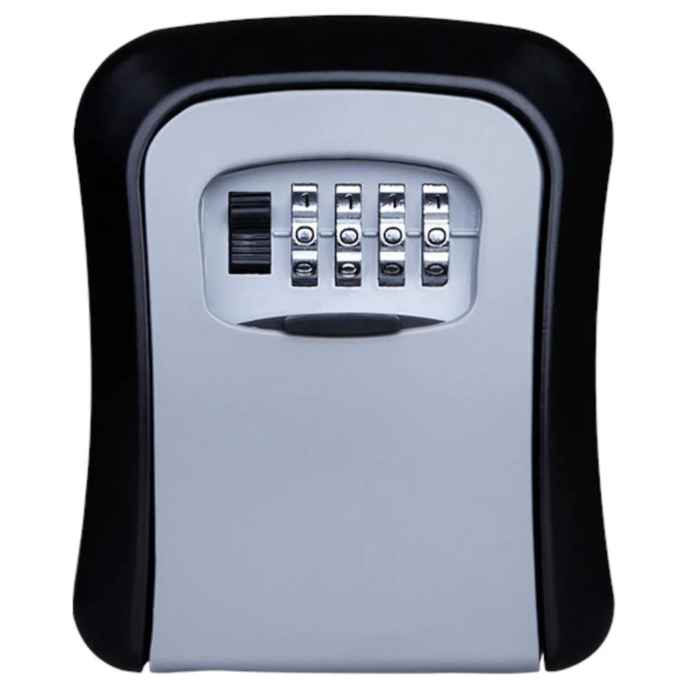 Large grey metal combination lock box with four dials and protective shutter