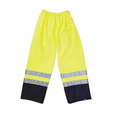 Yellow polyurethane-coated polyester rain pants, size L, high-visibility, drawstring waist, snap ankles