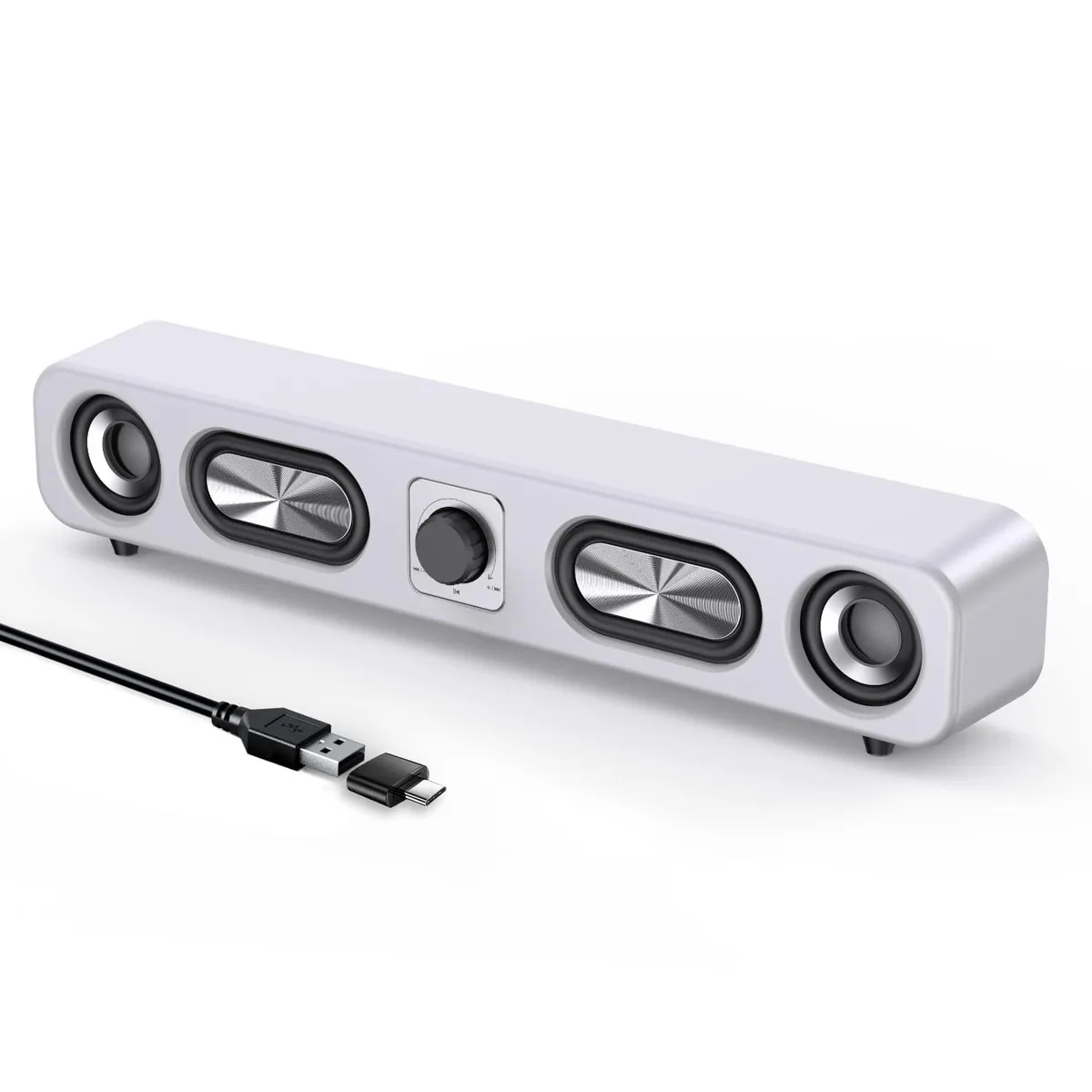 White rectangular soundbar speaker with top-mounted volume knob