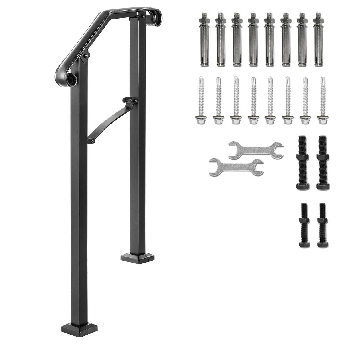 Black wrought iron handrail with arched top and two posts, matte finish