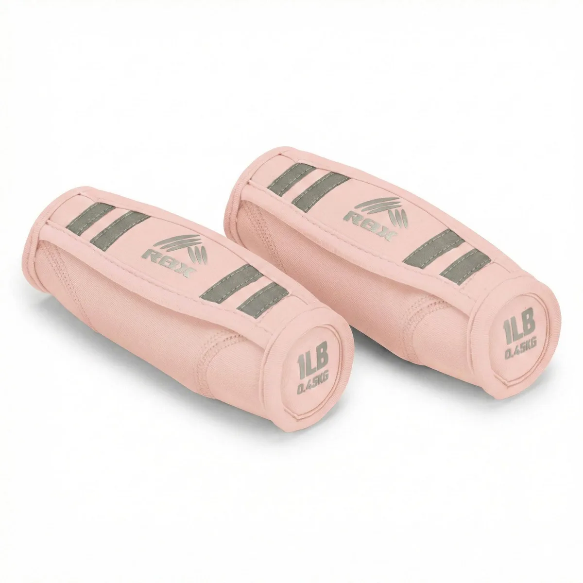 Pair of pink fabric walking weights with reflective straps and ergonomic hand grips