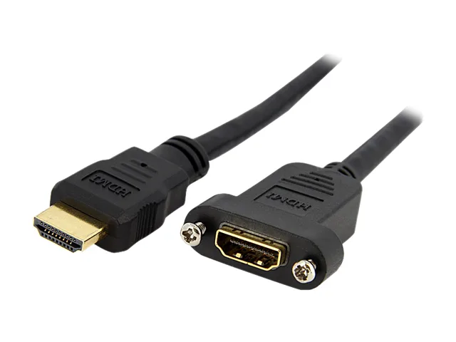 Black 3 ft HDMI panel-mount cable with female-to-male connectors
