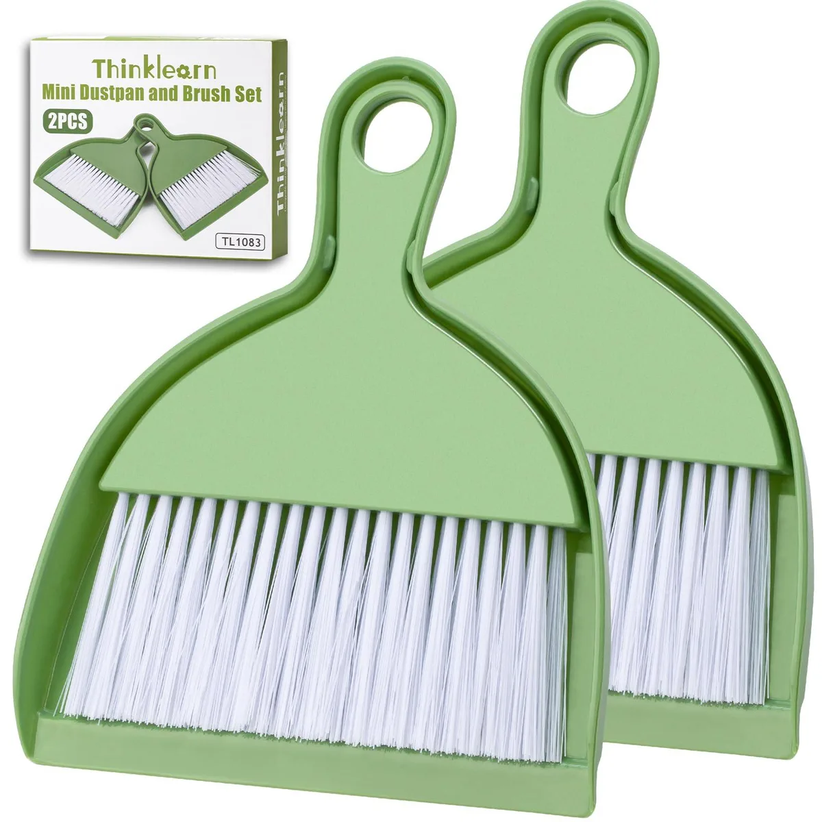 Two small dustpan and brush sets, each with a snap-together handle and hanging hole