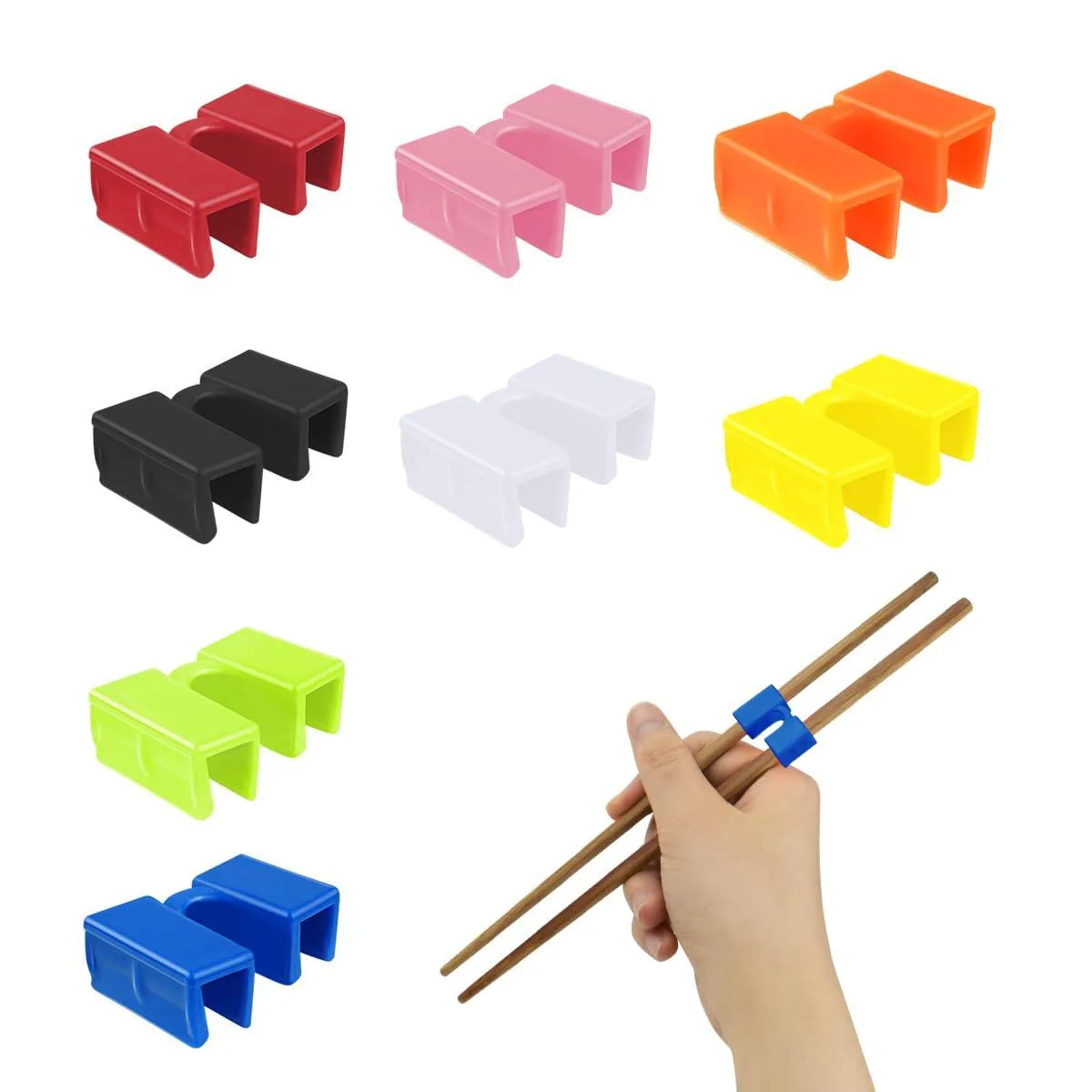 Eighteen multi-coloured PE chopstick helpers with hinged connectors