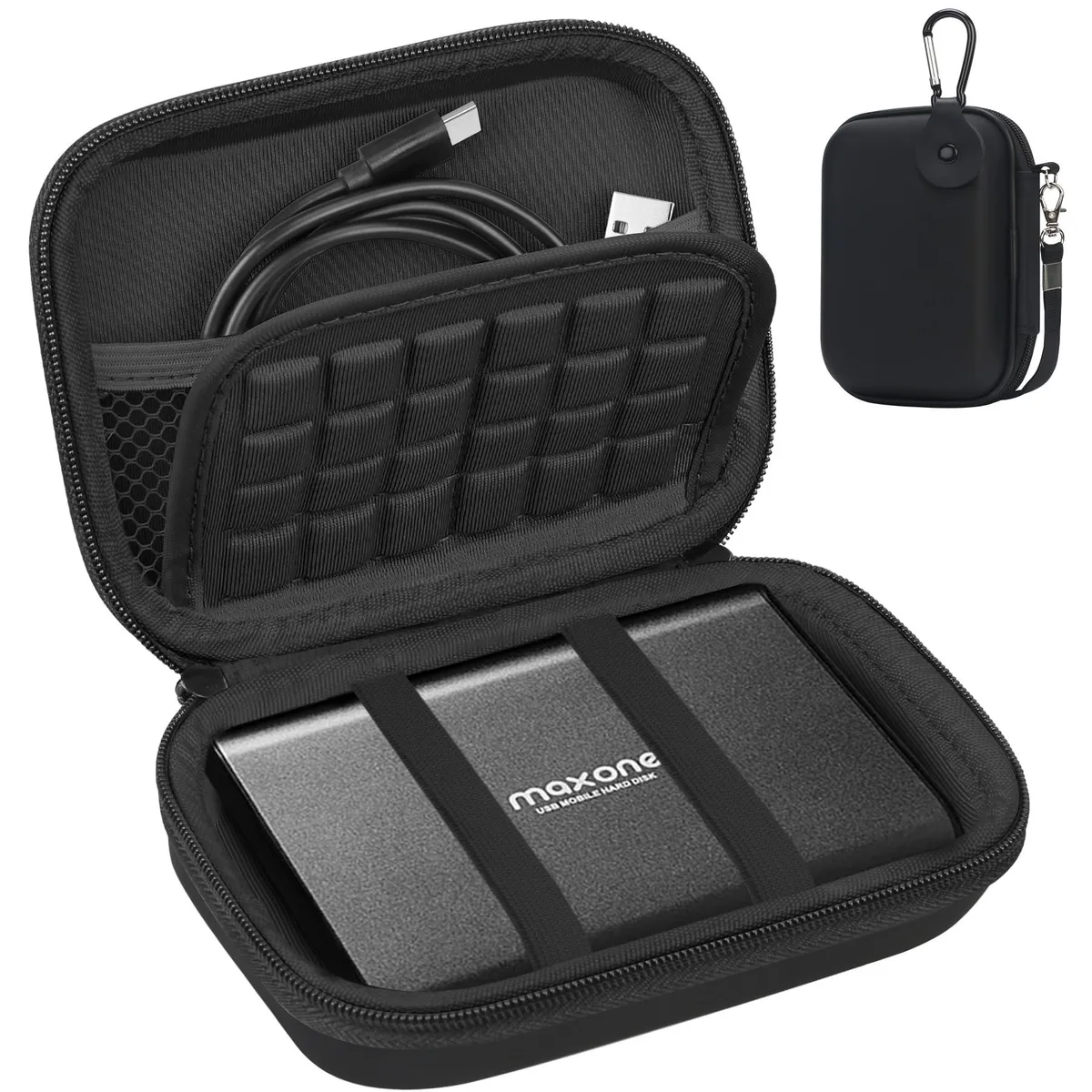 Black hard-shell carrying case with wrist strap and carabiner clip