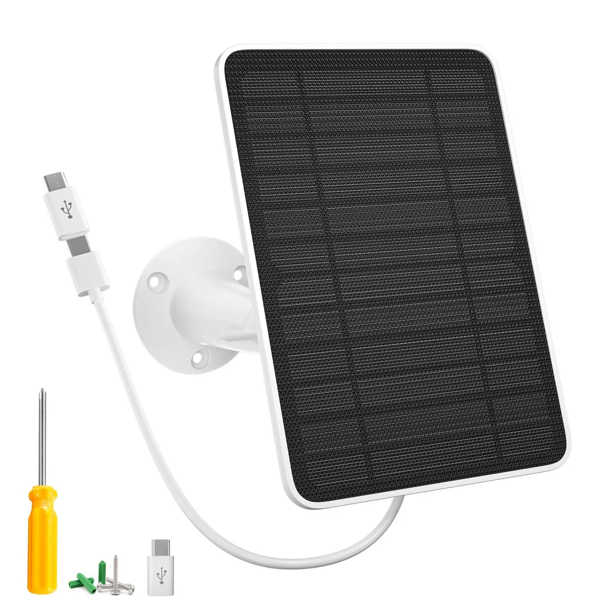 White rectangular solar panel with adjustable wall mount and 10ft cable