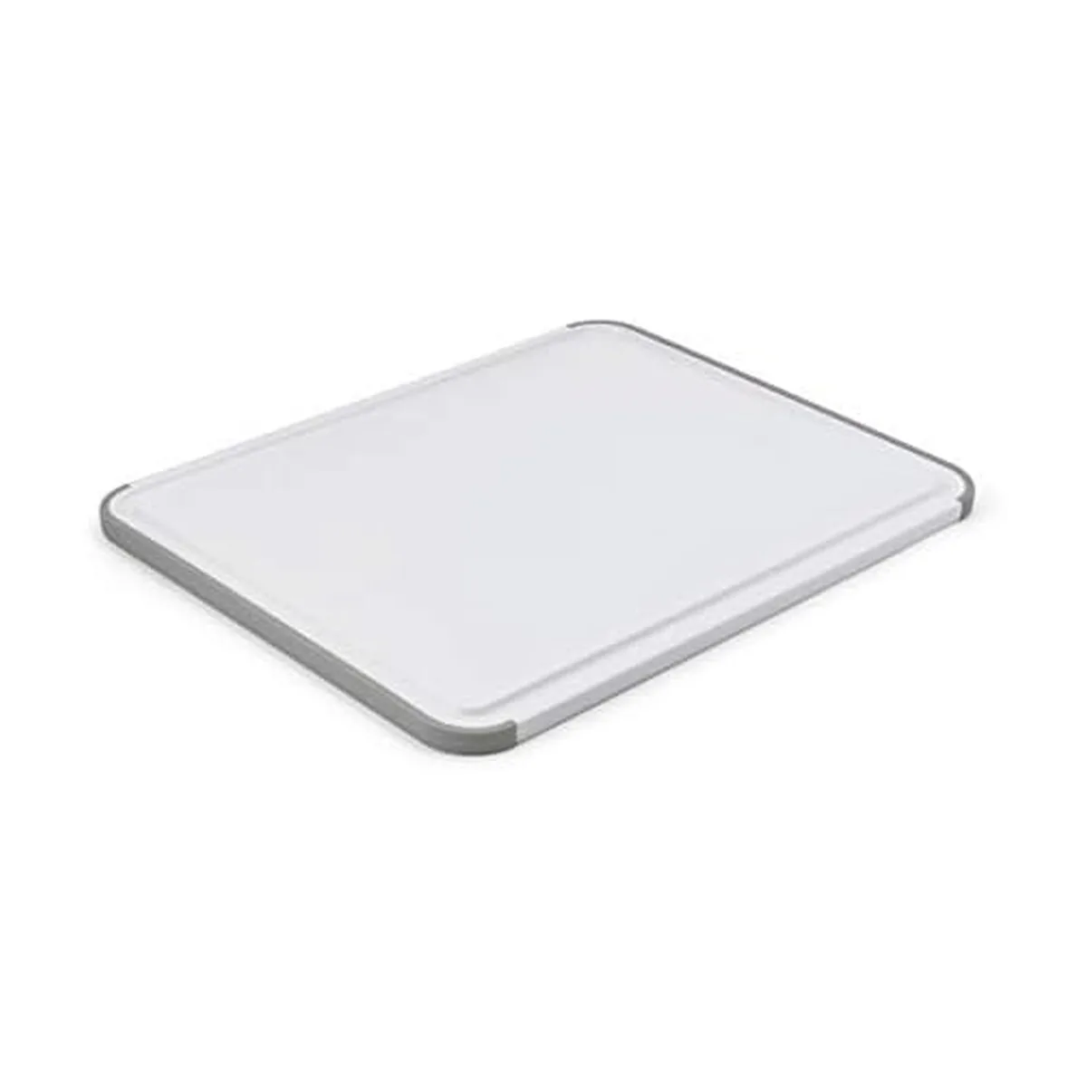 White and gray rectangular cutting board with perimeter trench and non-slip edges