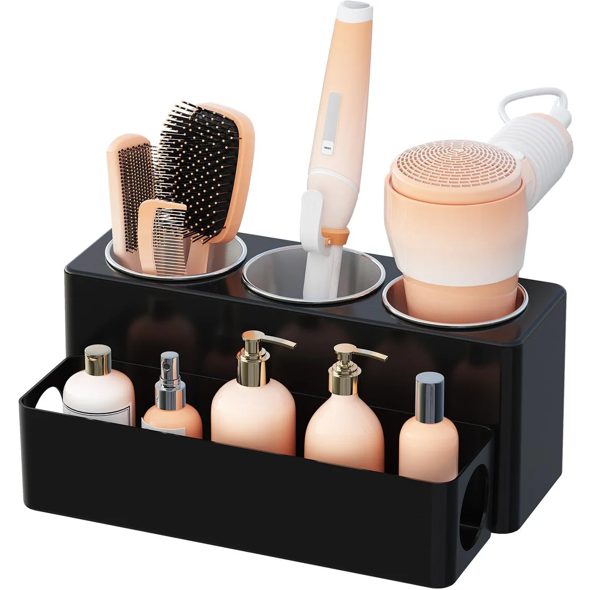 Black rectangular steel organizer with three cups, 30.9 cm tall