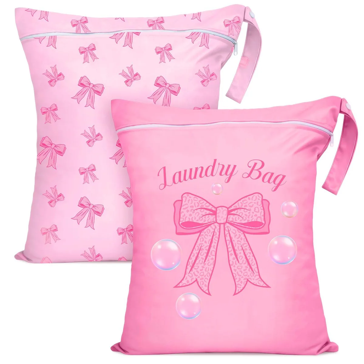 Two pink bow-patterned fabric laundry bags with drawstring closures lying flat