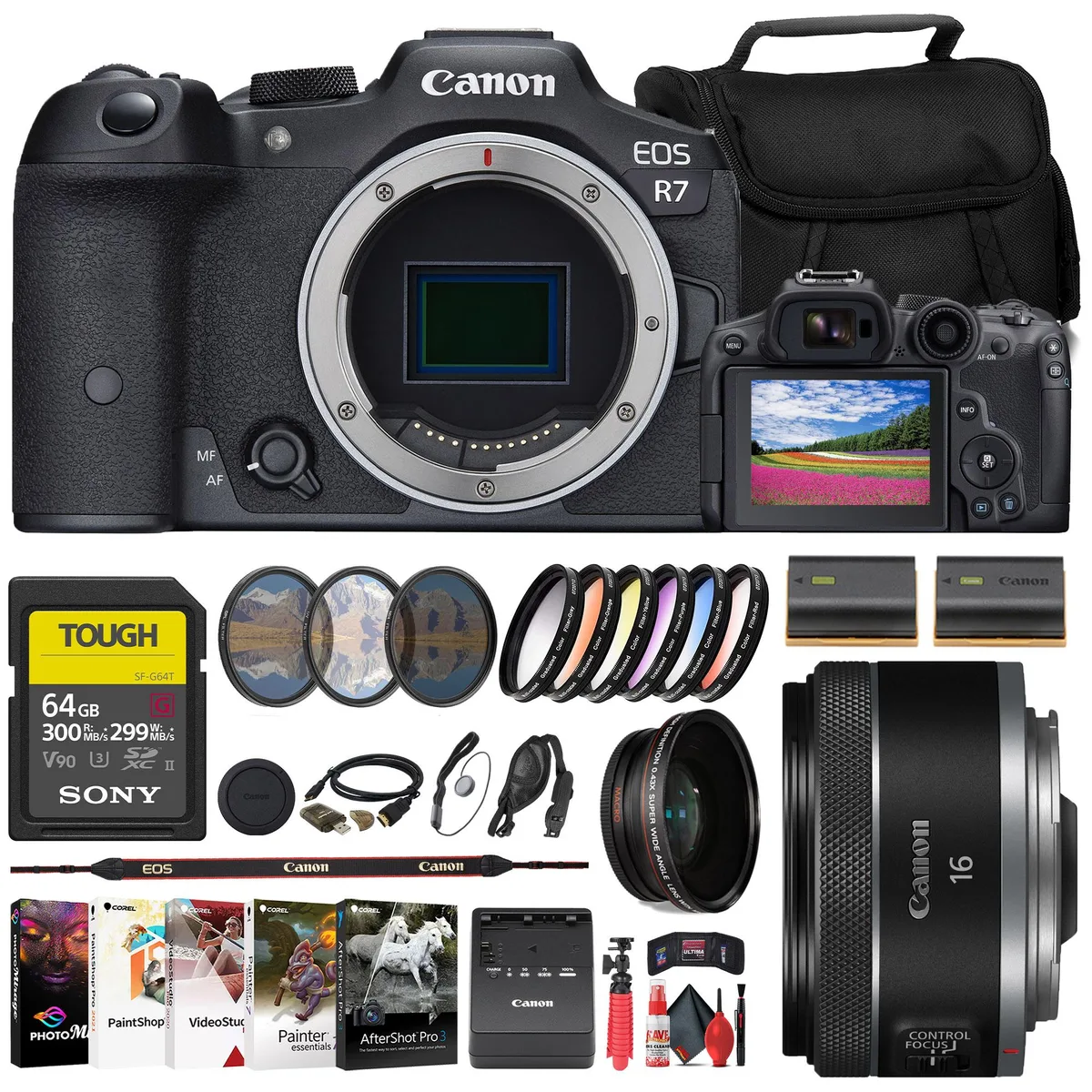 Canon Canon EOS R7 Kit with 16mm f/2.8 Lens, 64GB Card, 43mm Filters, Bag, Extras — product photo