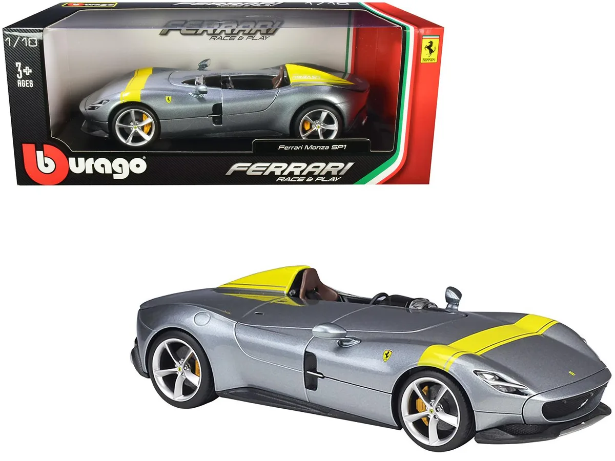 BBURAGO BBURAGO Ferrari Monza SP1 Silver Metallic Yellow Stripes 1/18 Diecast Vehicle — product photo