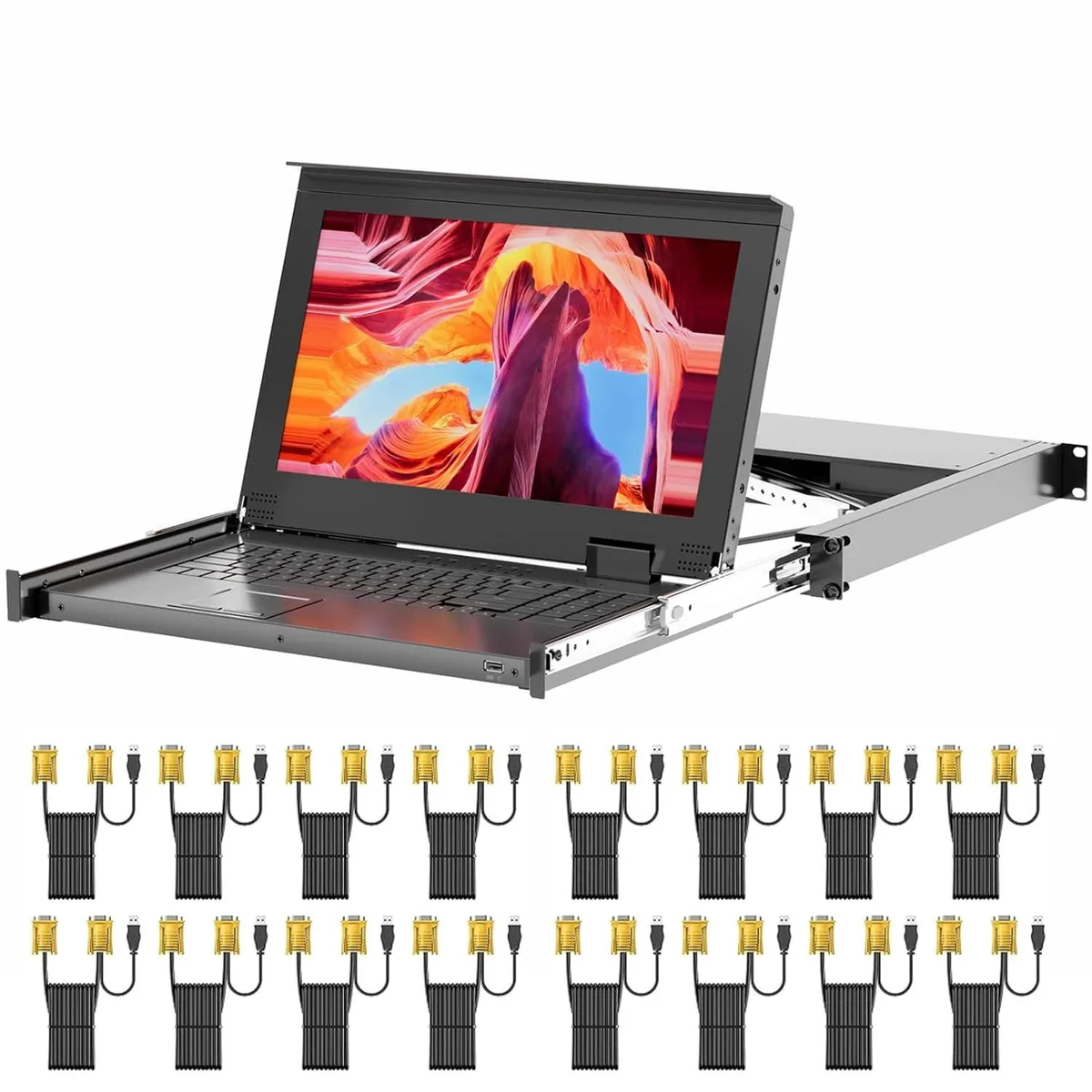 BFKK BFKK 15.6" LCD KVM Switch 16 Port 1U 19" Rack 600-800mm + 16 VGA Cables — product photo
