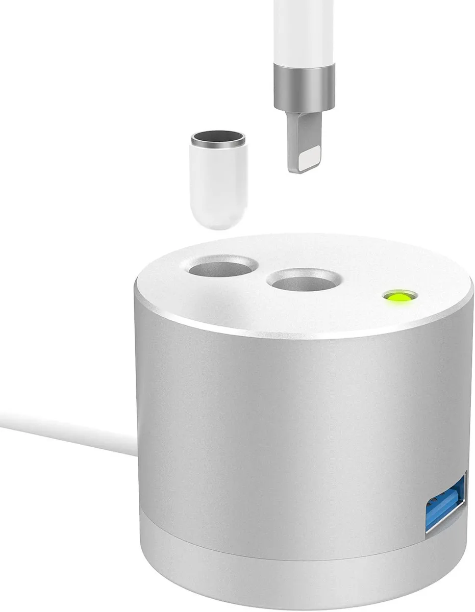 Silver aluminium charging stand for Apple Pencil 1st Gen with LED indicator and USB port