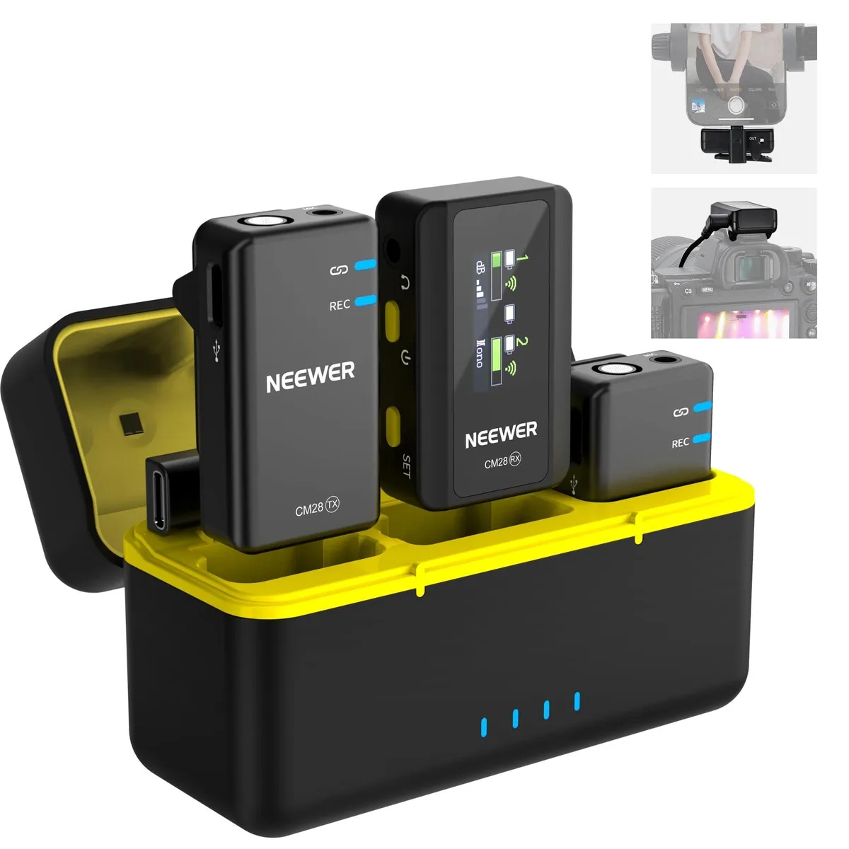 Neewer CM28 Wireless Lavalier Microphone Kit 1 RX 2 TX Charging Case — product photo