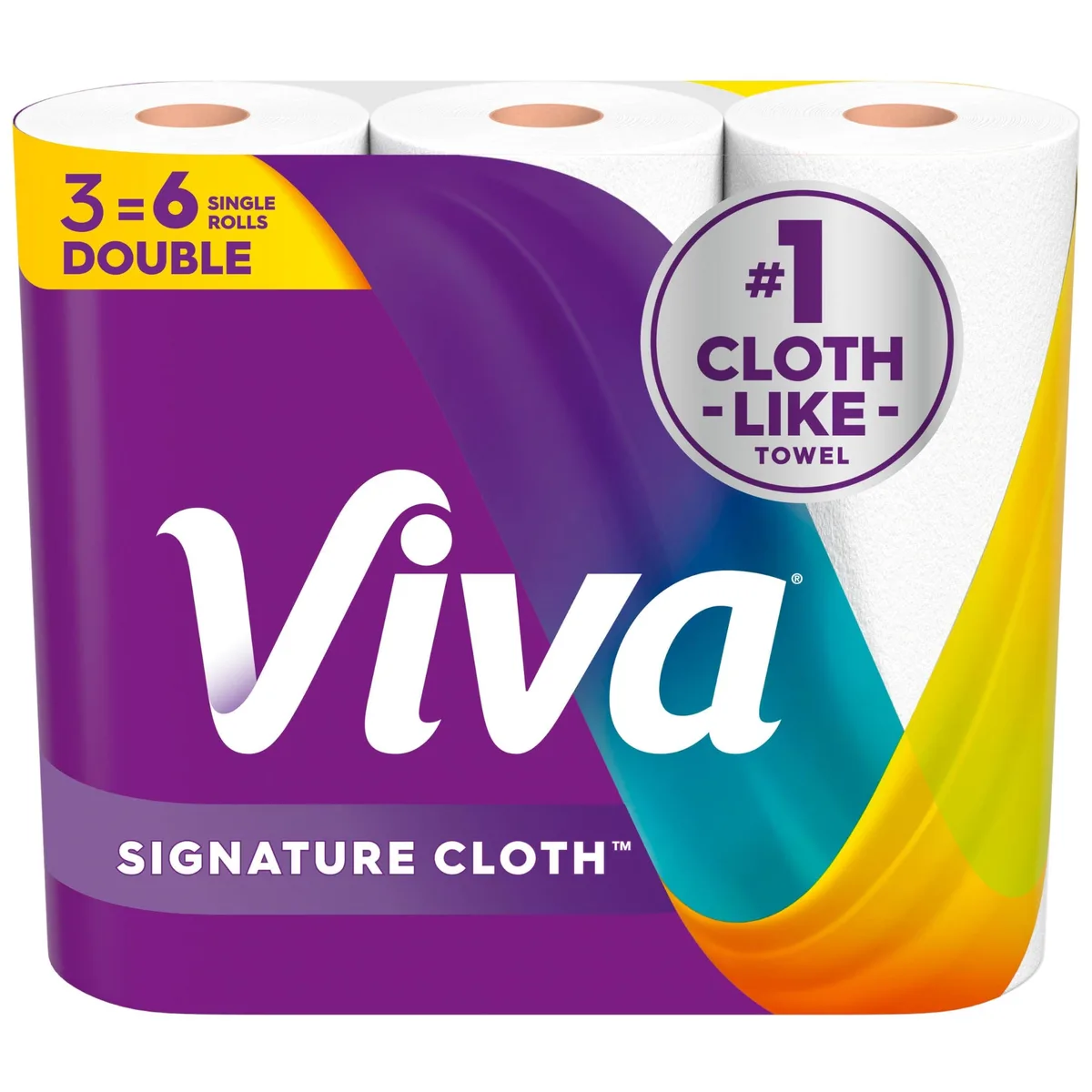 Three double rolls of cloth-like paper towels, 258 sheets total