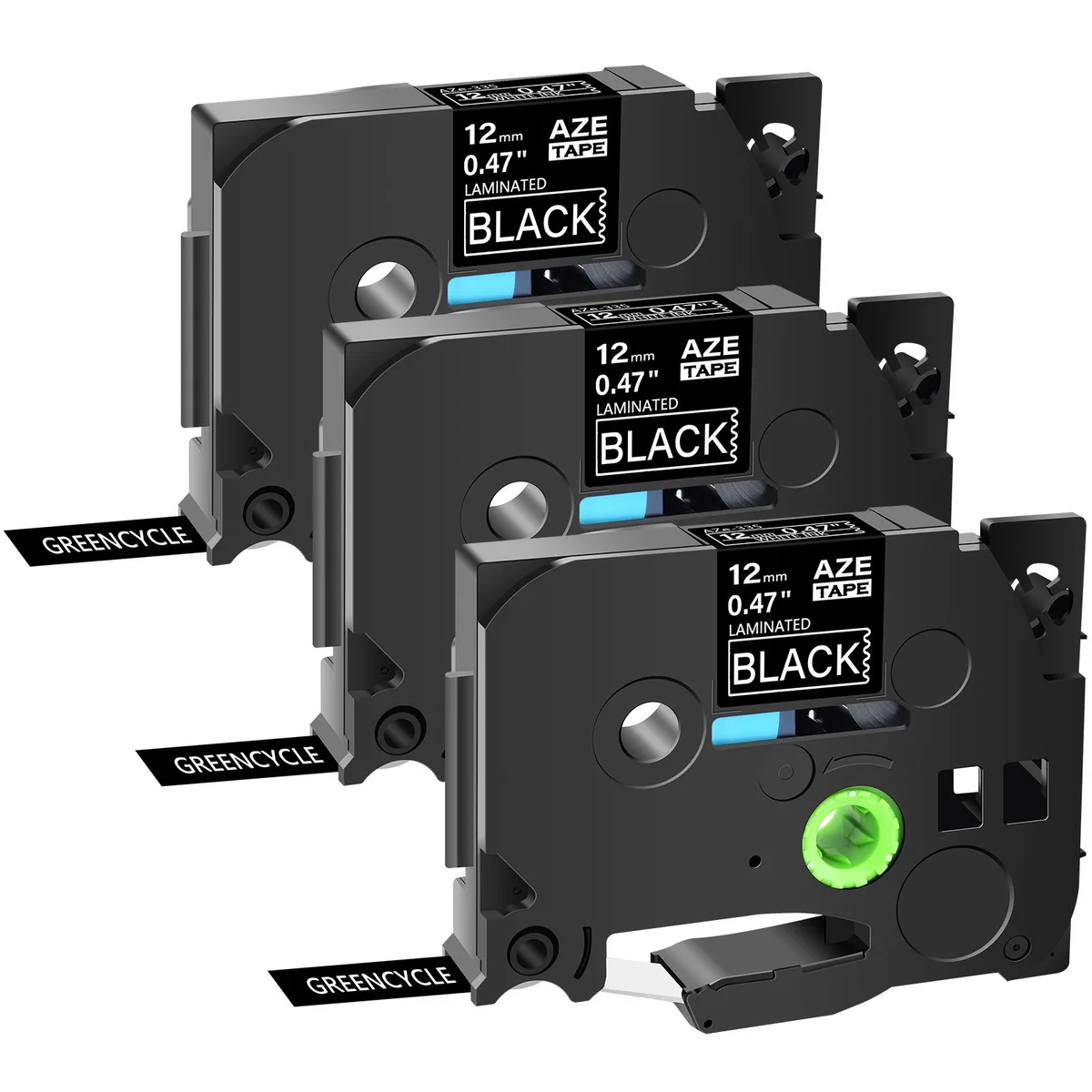 GREENCYCLE GREENCYCLE AZE-335 12mm White on Black Laminated Label 3 Pack — product photo