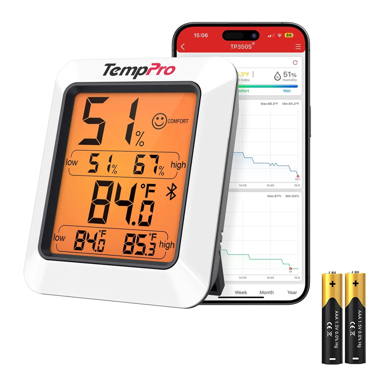 White rectangular thermometer hygrometer with backlit display and Bluetooth connectivity
