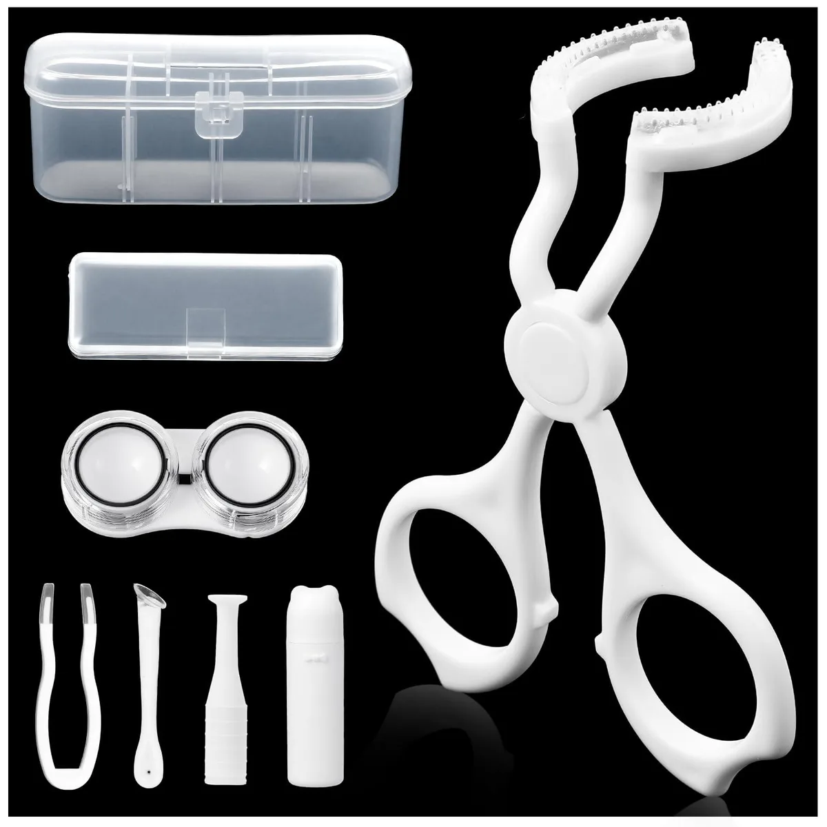 White plastic contact lens tool set with tweezers, removers, eye opener and storage case