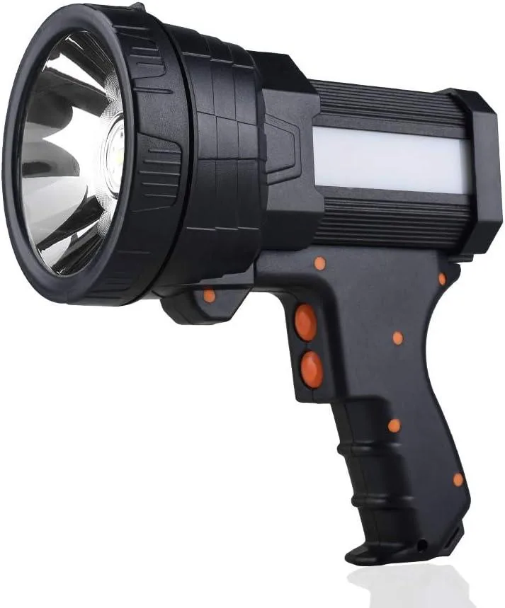 Black handheld spotlight with foldable tripod attached, rectangular body and side flood LEDs