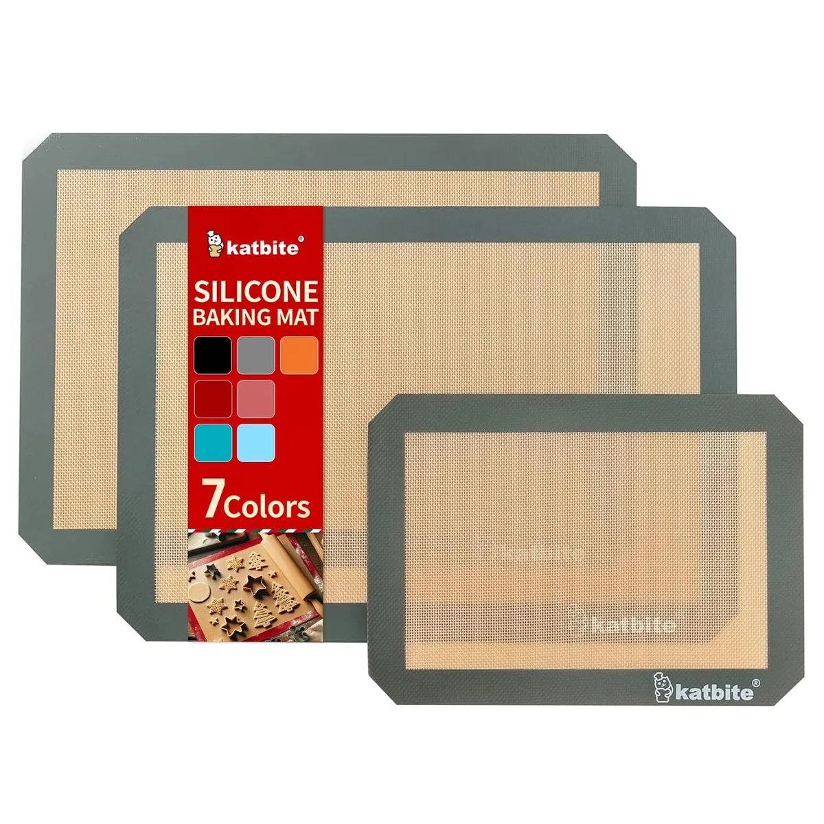 Three grey silicone baking mats, two large half-sheet and one smaller quarter-sheet, 0.7 mm thick