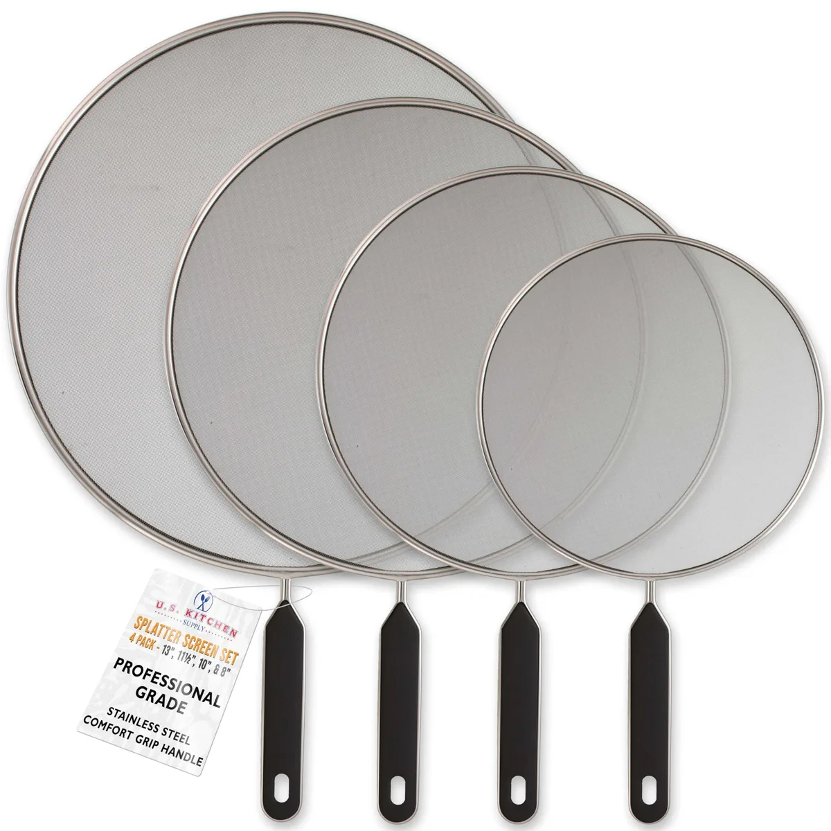Four stainless steel splatter screens with fine mesh and comfort grip handles in 13 11.5 10 and 8 inch sizes