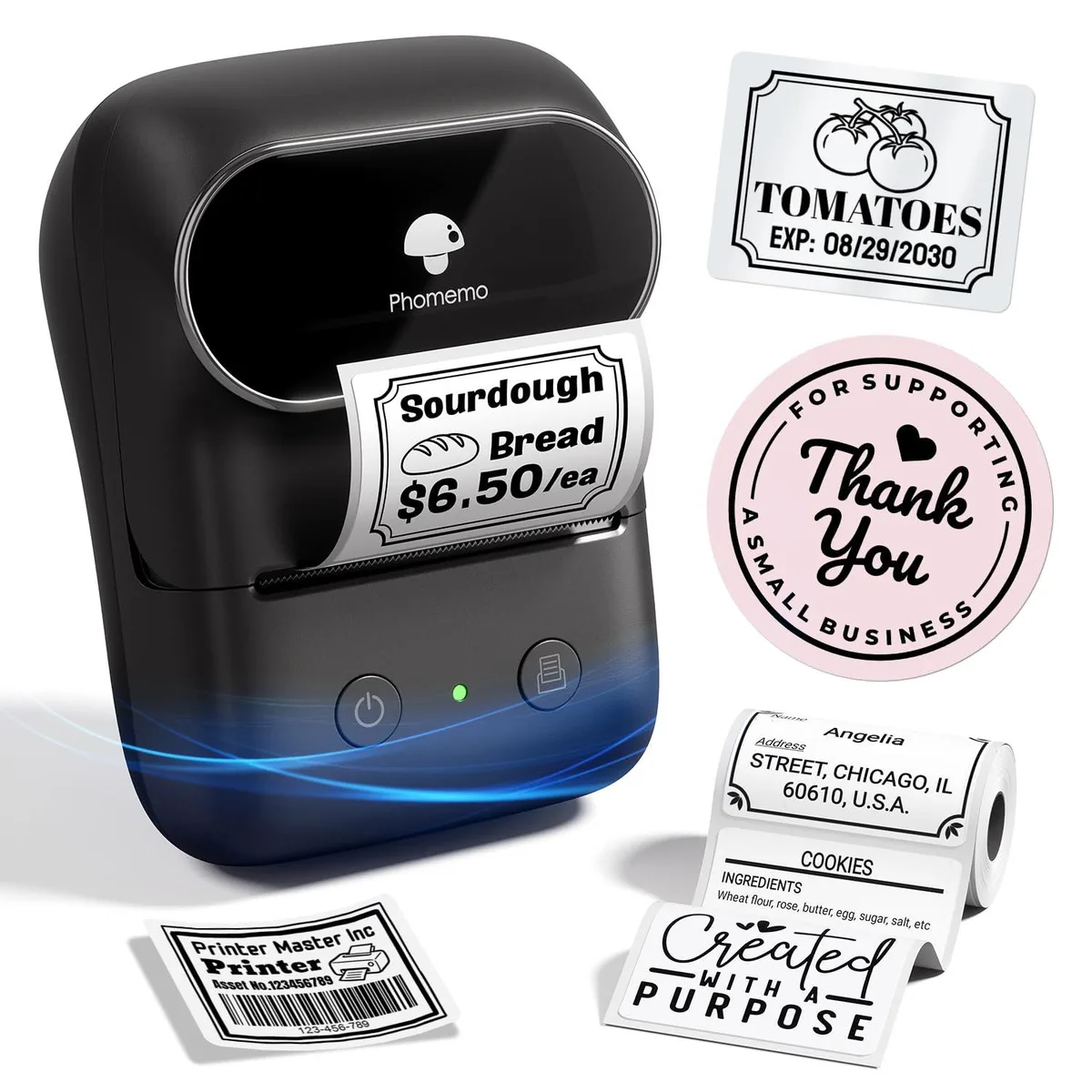 Compact white label printer, 2-inch thermal, 184g, Bluetooth 4.0