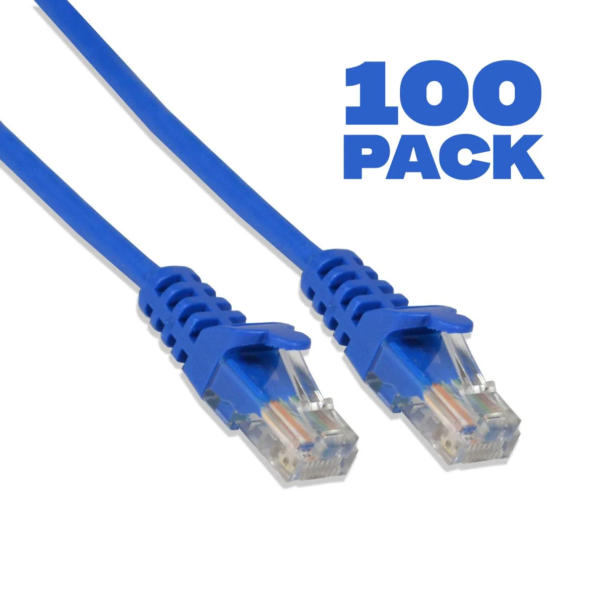 One hundred blue Cat5e patch cables each one foot long with snagless RJ45 plugs