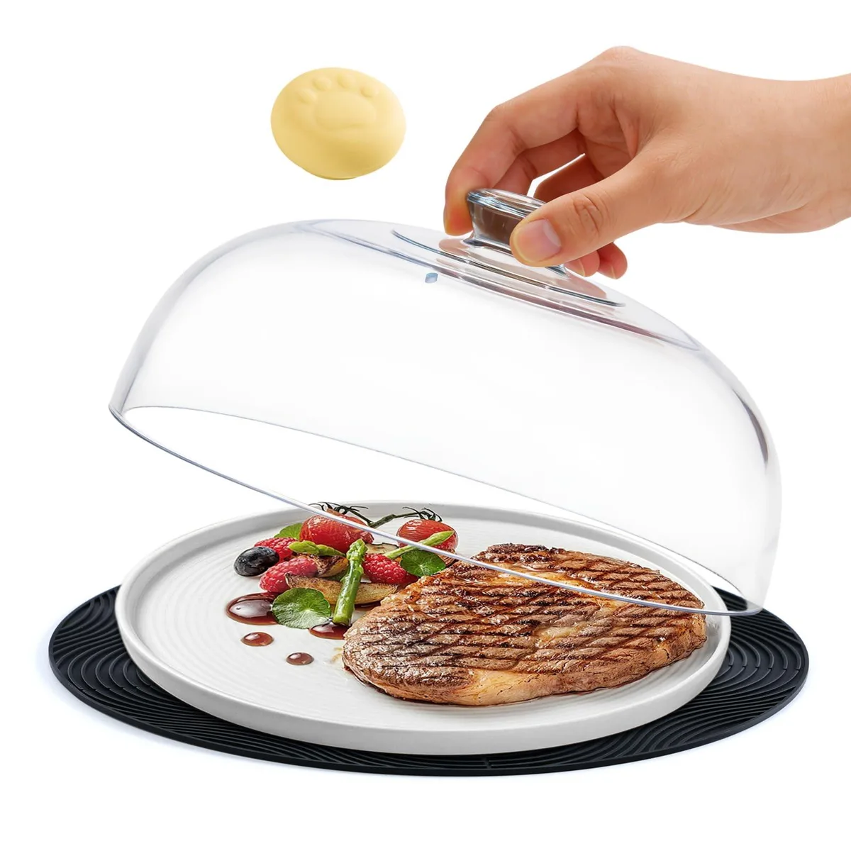 Clear glass dome cover ten inches wide with integrated handle and vent holes, resting on a grey honeycomb silicone mat 2.2mm thick