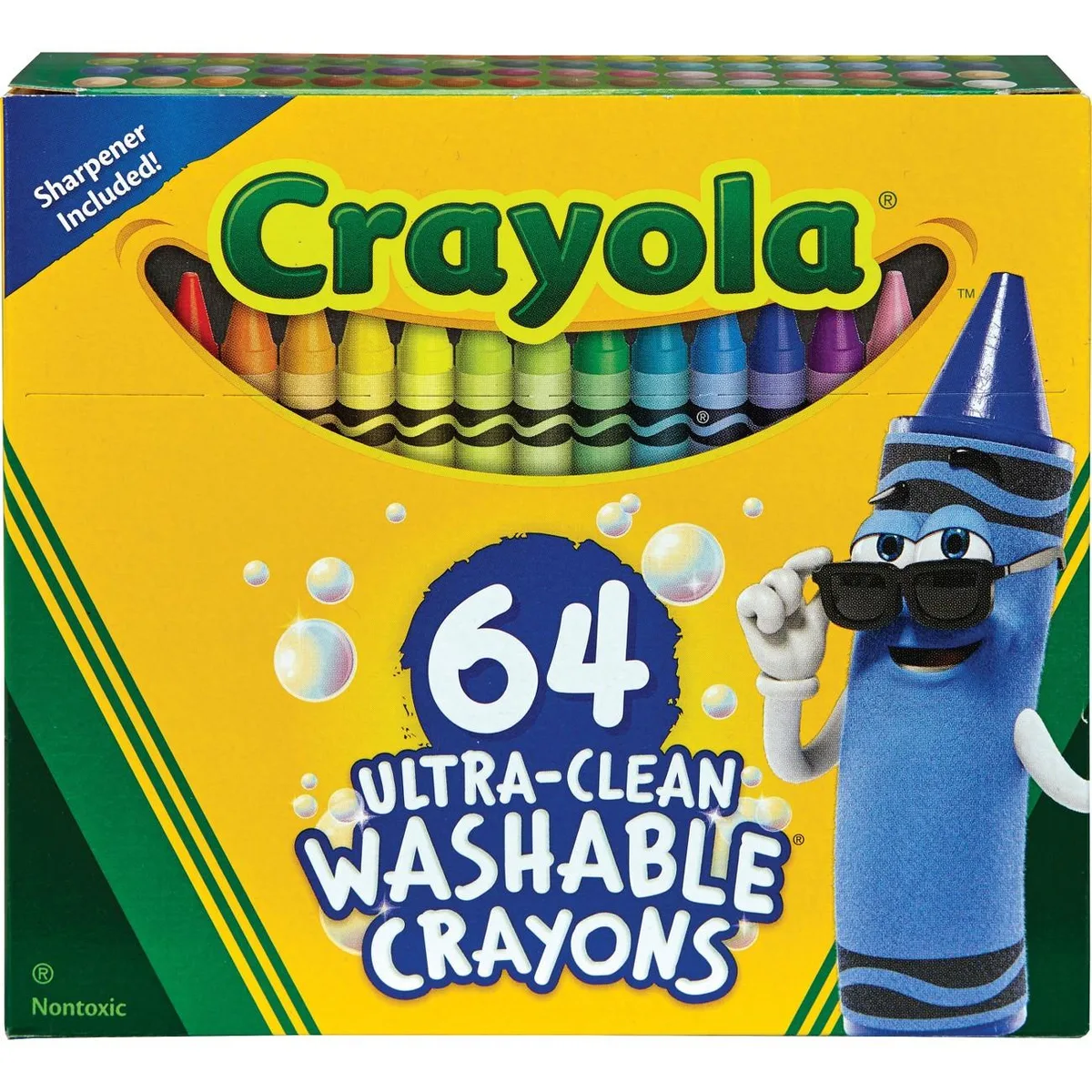 Cardboard box of 64 Crayola washable crayons with built-in sharpener