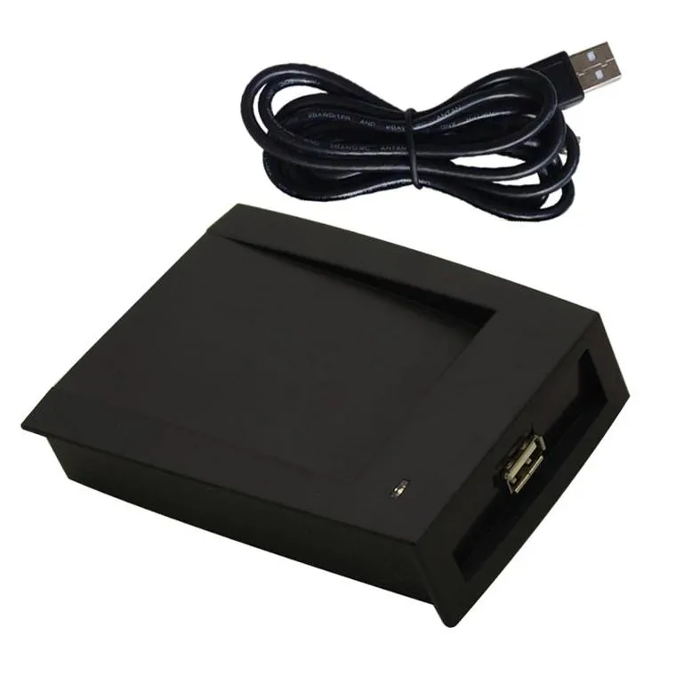 Flat rectangular RFID reader with USB cable, metal finish, 9.7 by 6.1 by 1 cm
