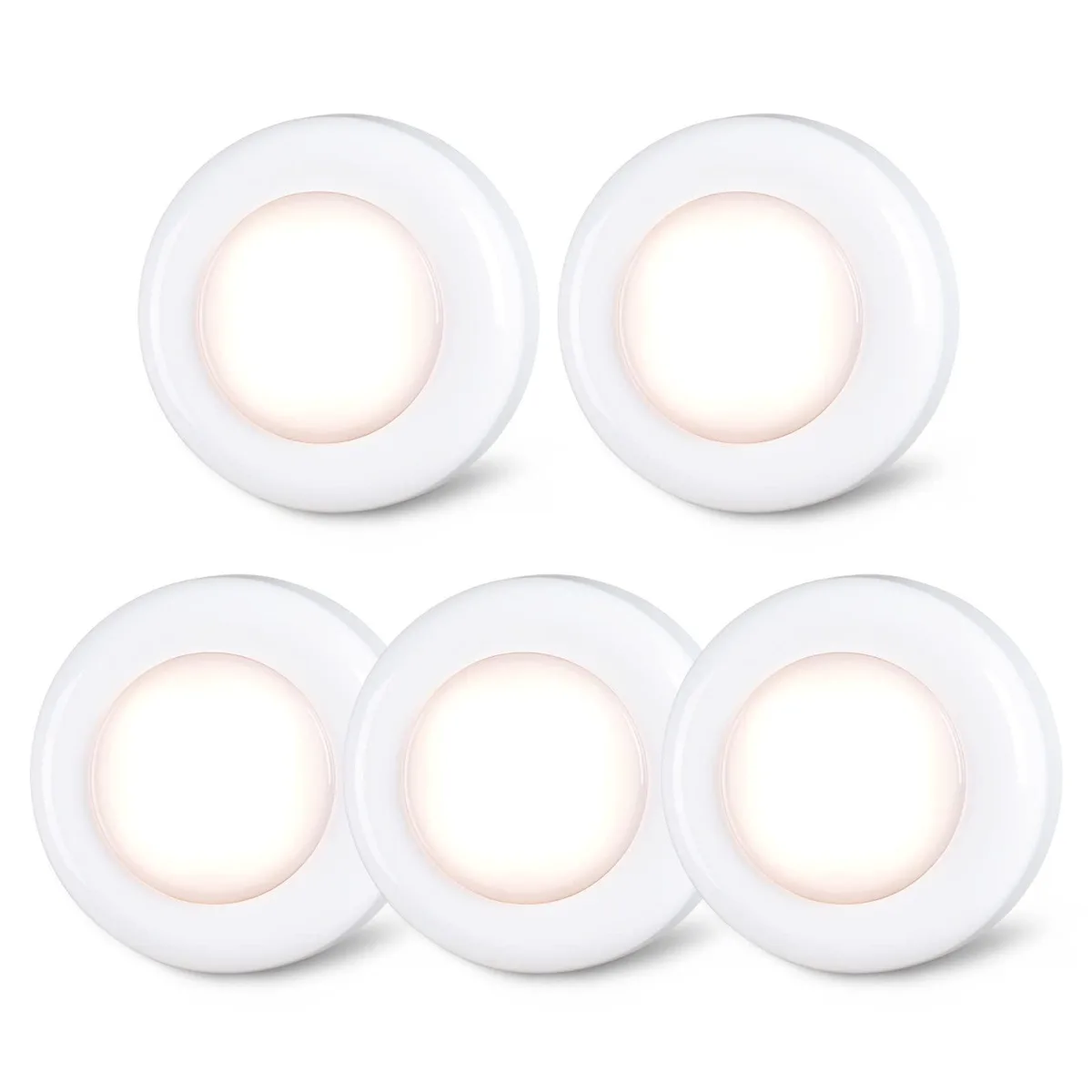 Five small square white plastic push lights with milky lenses, each about 2.76 inches wide