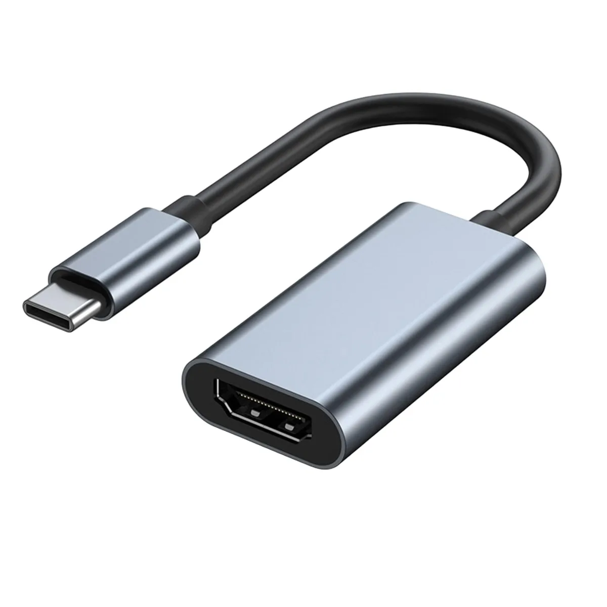 Small silver metal dongle with USB-C plug and HDMI port