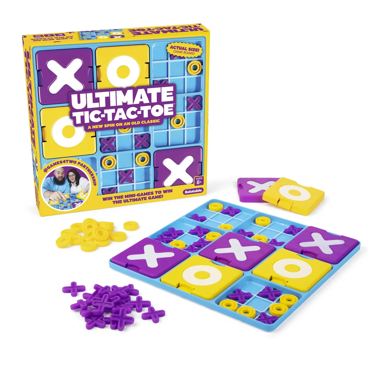 Black Ultimate Tic Tac Toe board game with mini X and O pieces stored inside